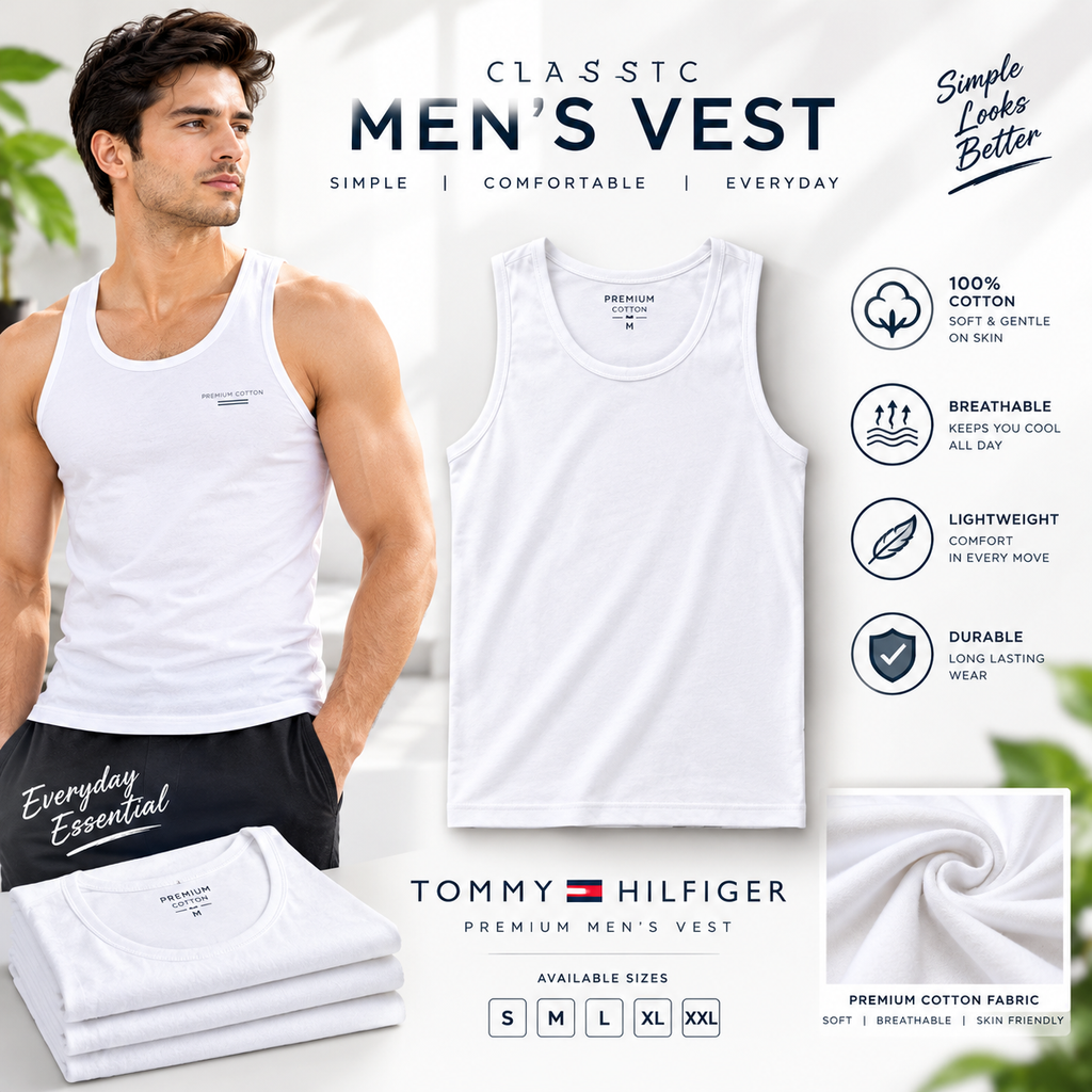 Men’s Premium Cotton Vests, Pack of 3 (White) | Soft, Breathable & Comfortable | Free Home Delivery