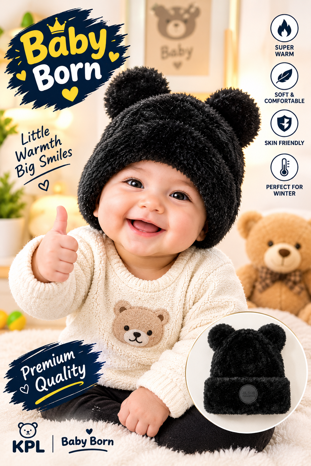 Cute Baby Bear Ear Fuzzy Beanie Hat – Soft, Warm & Stylish Winter Cap