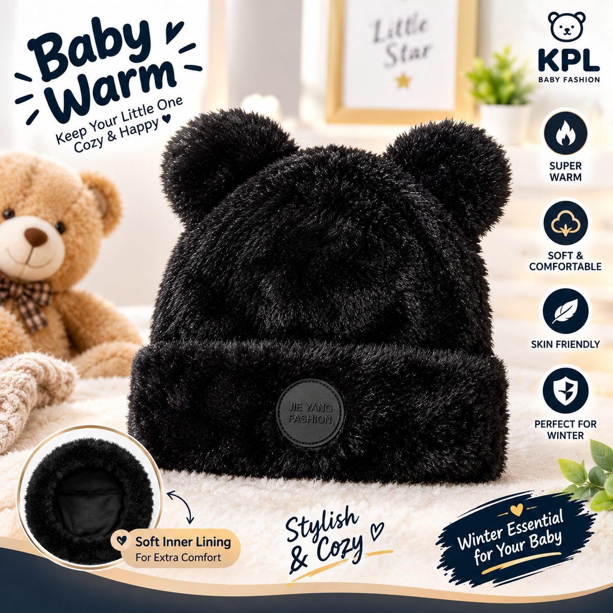 Cute Baby Bear Ear Fuzzy Beanie Hat – Soft, Warm & Stylish Winter Cap